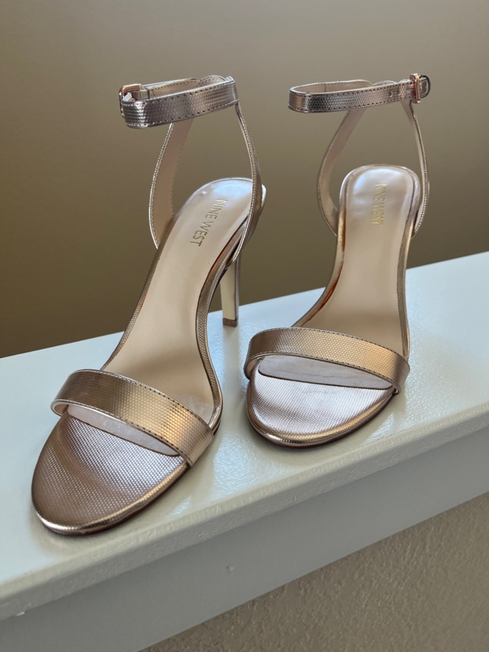 Nine West Metallic Rose Gold Ankle-Strap Stiletto Sandals - Picture 2 of 9